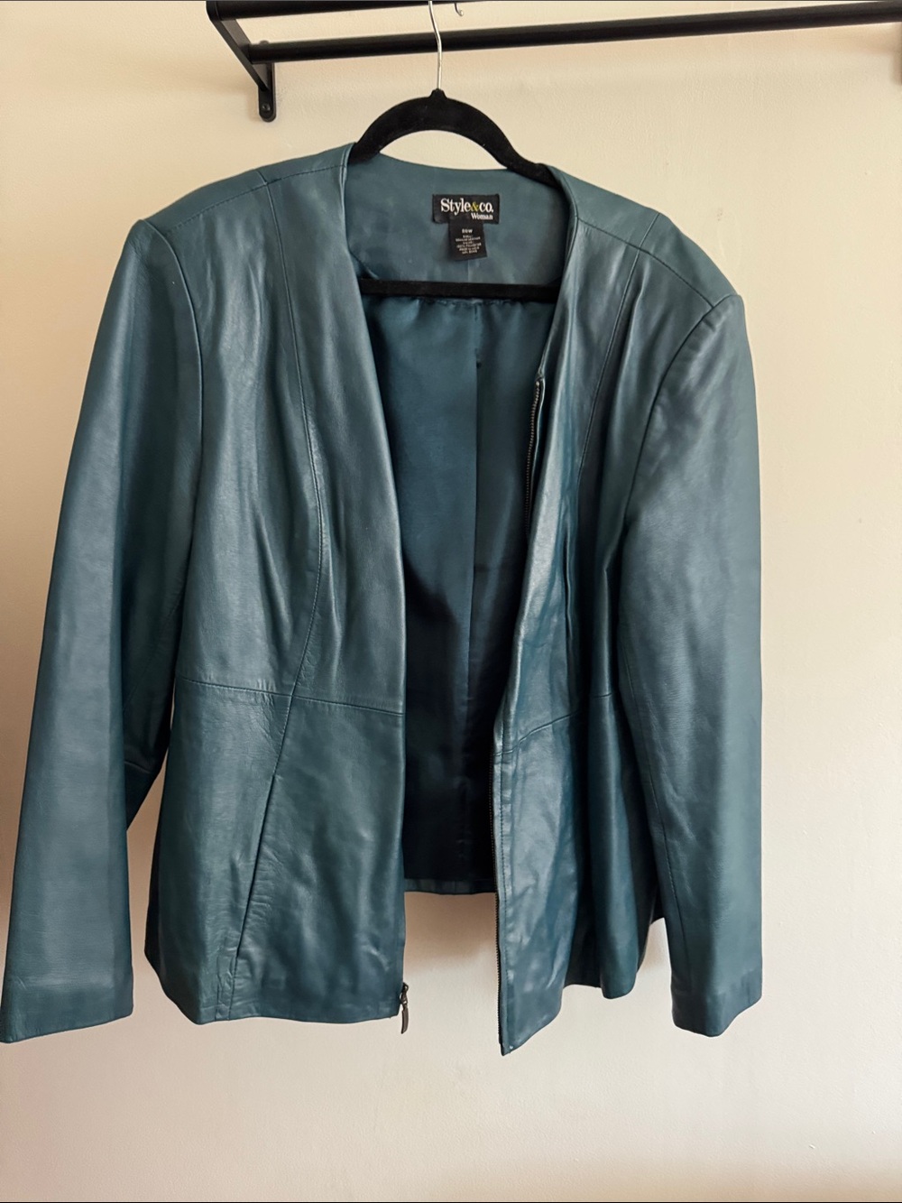 Style & Co. Teal Collarless Leather Jacket - Zip Front